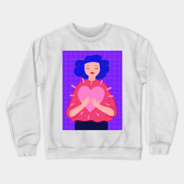 Blue hair girl with big pink heart Crewneck Sweatshirt by iulistration